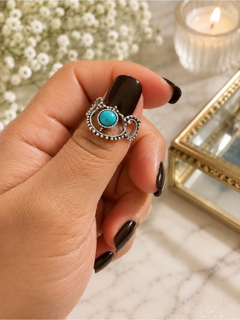 Boho silver tone ring with turquoise color stone vintage style fashion ring